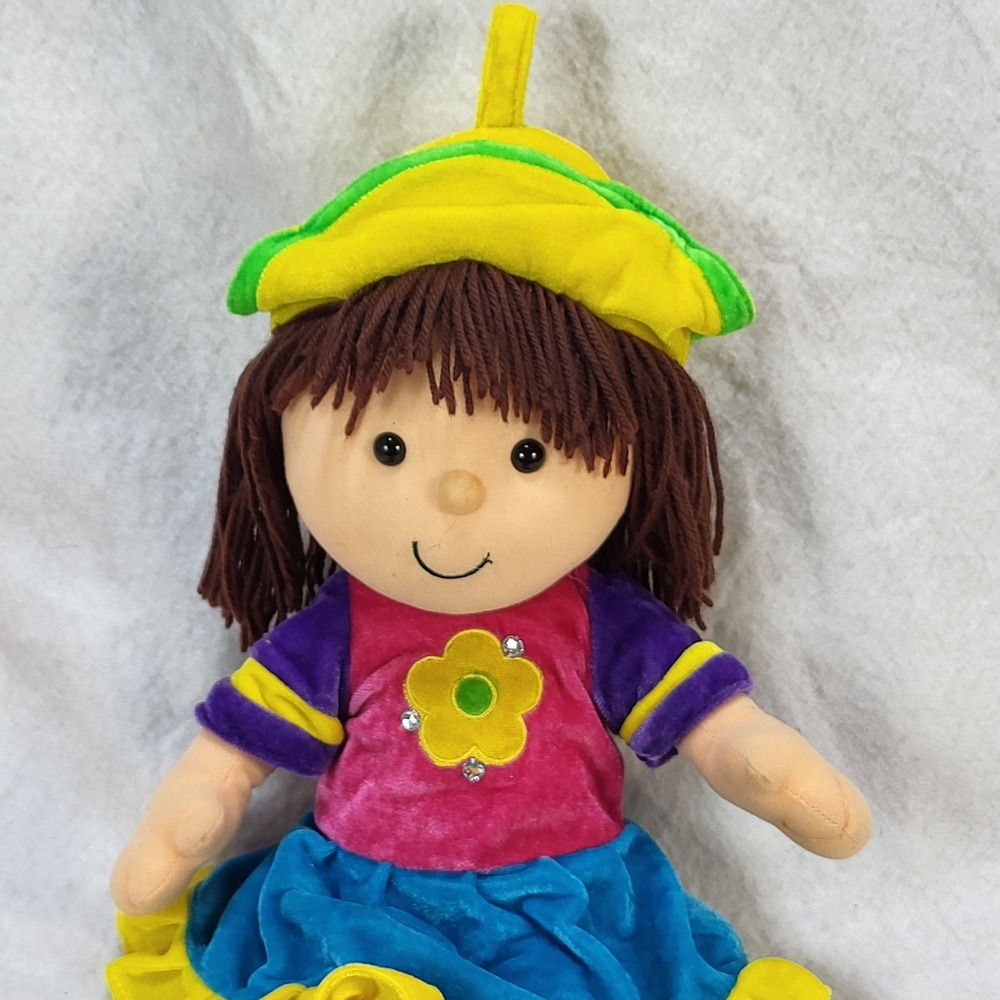 Li'L Adorables Plush Rag Doll Brown Yarn Hair Multi-Color Velvet Outfit Flower